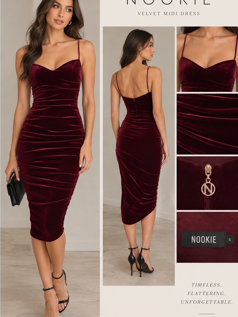 Nookie Burgundy Wine Velvet Ruched Bodycon Midi Dress Size S Cocktail Party